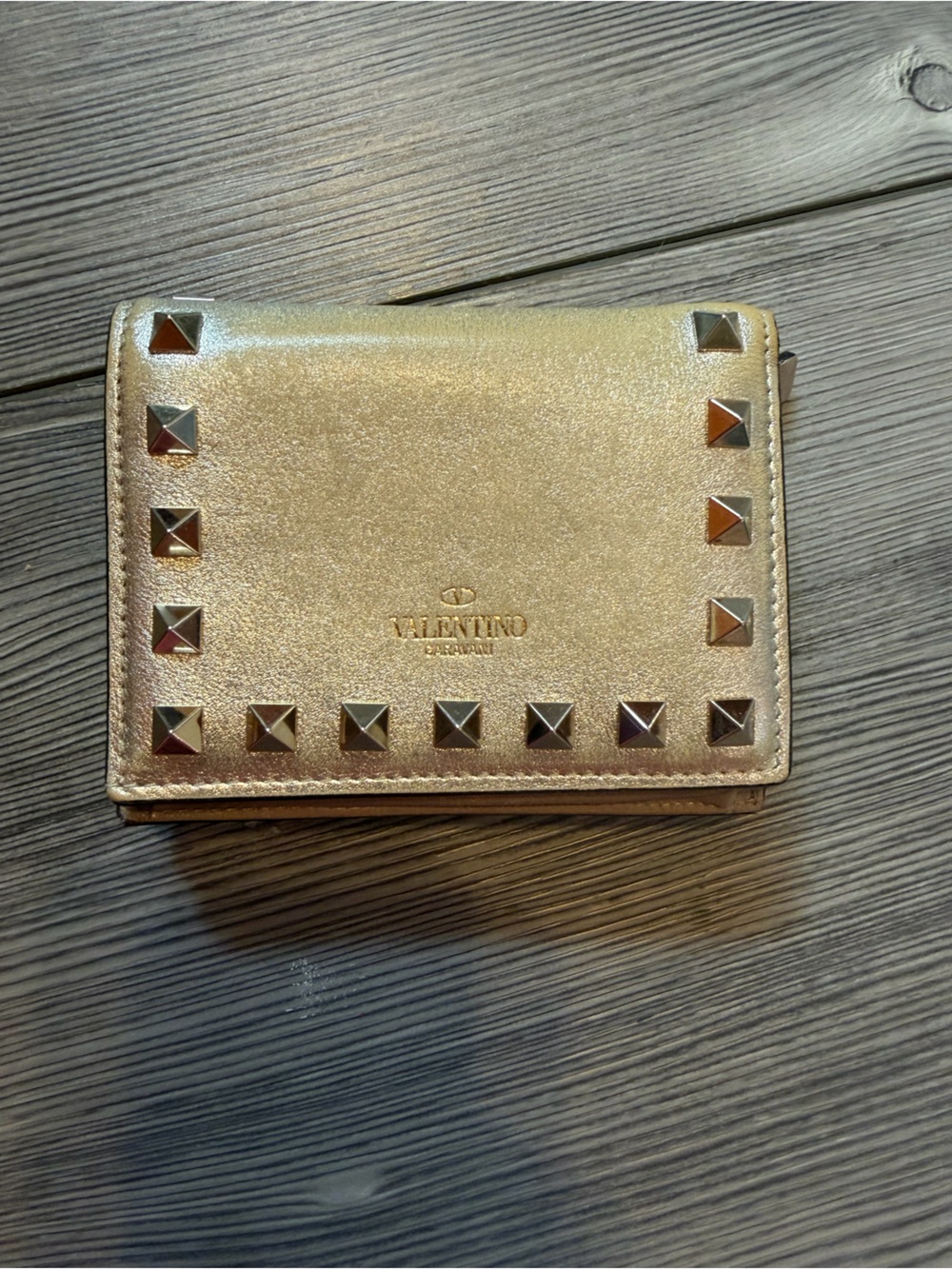 Valentino Garavani Metallic Gold Rockstud Compact Wallet